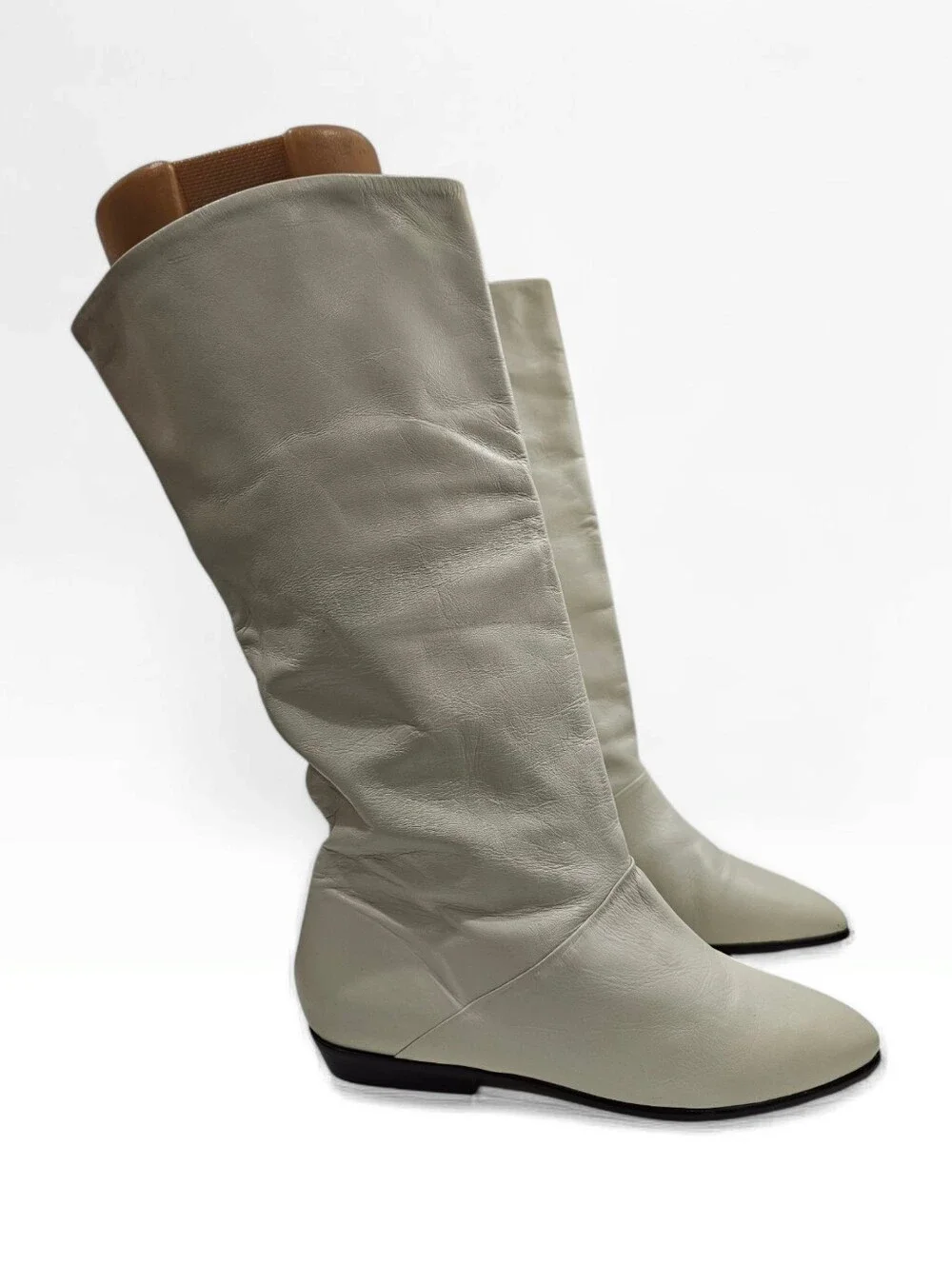 Vintage 80s Women Cream Leather Slouch Flat Boots 8M Made in Brazil
